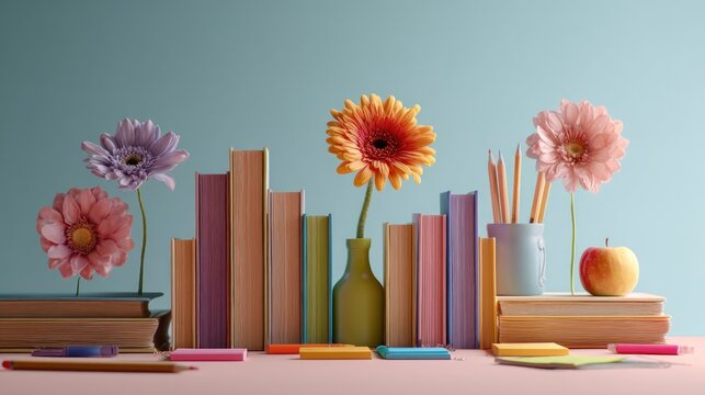Colorful books, flowers, and stationery arranged in a still life