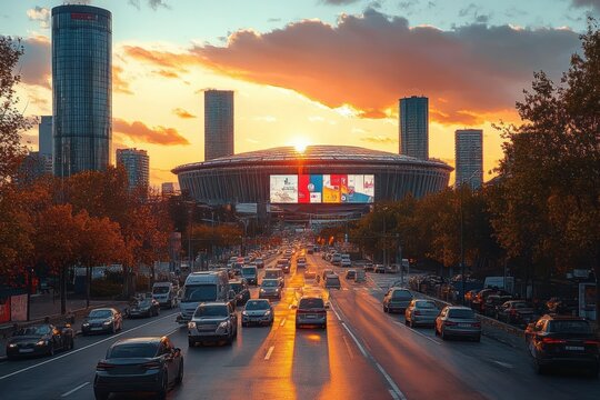 Busy urban street leading to a modern stadium with glowing sunset illuminating the road and surrounding city skyscrapers in autumn