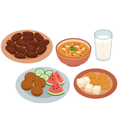 Colorful Dishes Of Middle Eastern Meal With Dates Soup And Milk Illustration