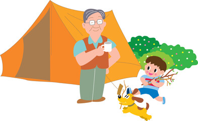 キャンプでコーヒーカップを持つお父さんと男の子と犬
