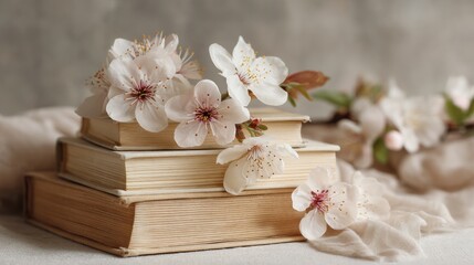 Delicate spring blossoms atop vintage books
