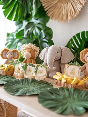 Jungle Birthday Décor with Leafy Vines and Plush Animals. Banana Leaf Plates, Earthy Palette