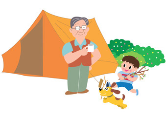 キャンプでコーヒーカップを持つお父さんと男の子と犬
