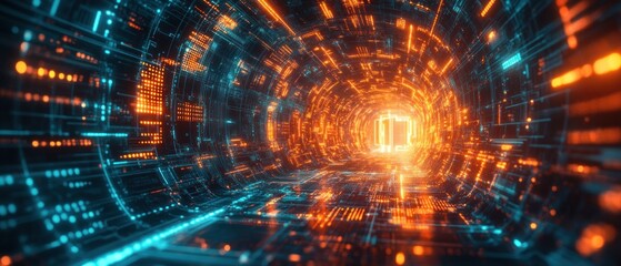 Futuristic digital tunnel with glowing orange and blue circuits converging towards a bright light center, evoking a sense of advanced technology and cyberspace exploration
