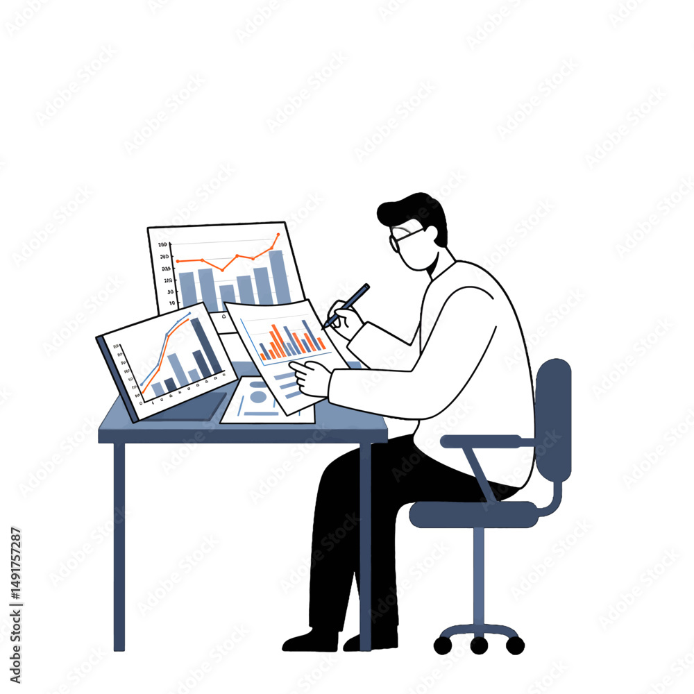 Aufkleber businessman analyzing data graphics on multiple screens