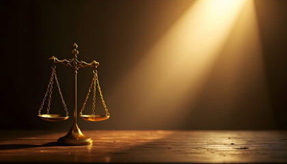 Scales of Justice on Wooden Surface with Beam of Light