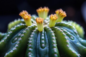 Close-up of a green cactus with multiple yellow tubular flowers blooming on top showing texture and spines with dark blurred background