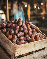 Glossy Fresh Dates in Rustic Crate. Ramadan Market Outdoor Style, Natural Warm Light