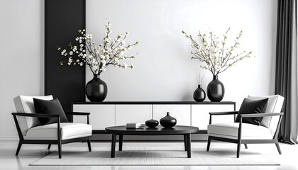 Modern Minimalist Living Room Interior Design: Black and White Elegance