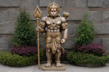 Fototapeta premium Standing Monkey Statue with Spear in Outdoor Garden Setting