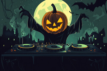 A spooky DJ pumpkin creature mixes music under a full moon, with bats flying in the night sky
