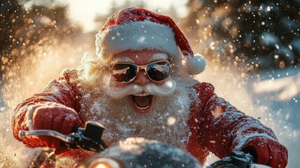 Excited Santa Claus wearing sunglasses rides a snow-covered motorcycle through a snowy forest with dynamic snow particles flying around