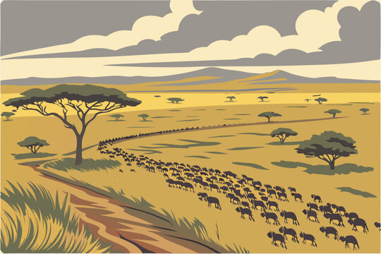 17 aerial view of a large herd of wildebeest or gnu migrating across a vast, grassy plain, dramatic sky with clouds, serengeti national park, tanzania, cinematic lighting, stunning landscape, high qua