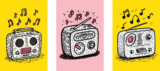 Colorful Doodle Illustration of Retro Radios with Musical Notes