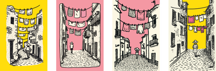 Charming Doodle Illustration of Colorful City Streets and Laundry Lines