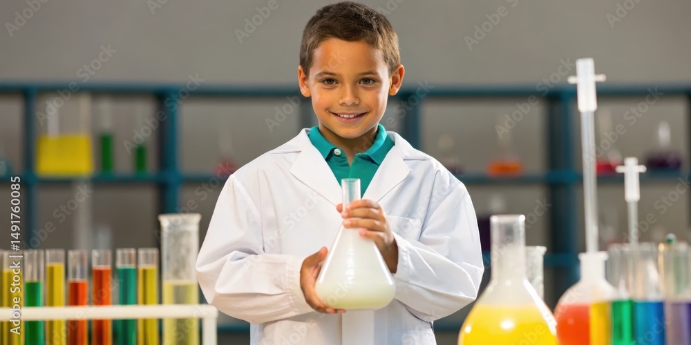 Poster young boy in a lab coat smiles while holding a flask, surrounded by colorful beakers in a science la