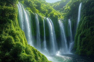 Naklejka premium Multiple cascading waterfalls flowing down lush green cliffs into a tranquil pool surrounded by dense vibrant vegetation under soft natural light