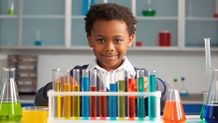 Fototapeta premium A young boy smiles while experimenting with colorful liquids in test tubes, showcasing curiosity and a love for science.