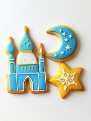 Bright Iced Sugar Cookies in Mosque, Moon, and Star Shapes. Isolated on White Background