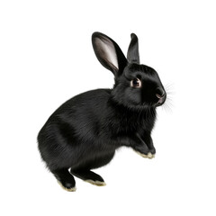 Obraz premium Cute black rabbit with large ears and curious eyes standing upright isolated on a white background for pet, animal, and wildlife themed photography