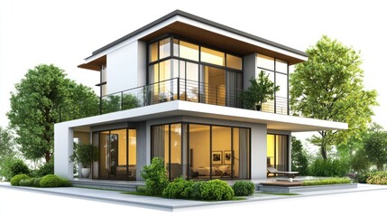 Fototapeta premium Modern two-story house with large windows, balcony, and landscaped yard, isolated on white background.