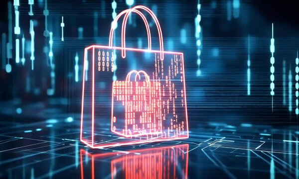 Digital shopping bag made of binary code, a cyber technology background concept