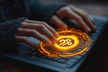 Close-up of hands typing on a laptop keyboard with a glowing futuristic 2% digital interface overlay