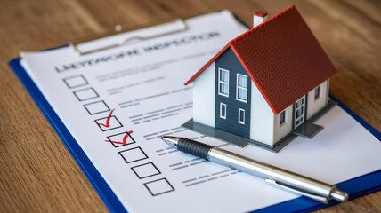 A model house on a clipboard for a property inspection checklist.