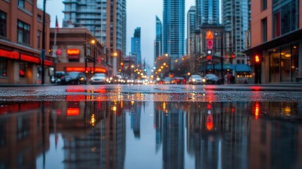 Fototapeta premium Cityscape reflection on wet street urban architecture and modern city