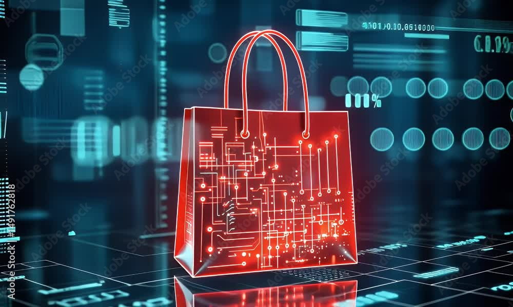 Poster digital shopping bag made of binary code, a cyber technology background concept