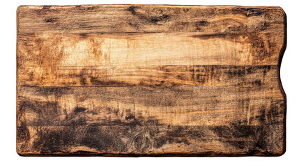 Naklejka premium A rustic wooden cutting board with a unique natural grain pattern isolated on a clean white background surface.