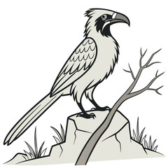 Fototapeta premium African grey hornbill perched on a rock branch, isolated on white background