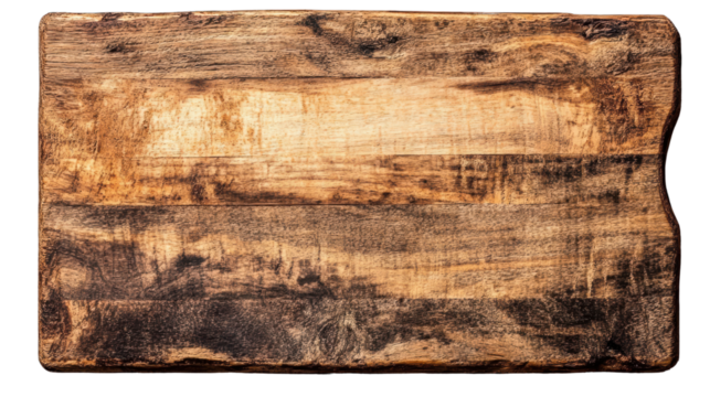A rustic wooden cutting board with a unique natural grain pattern isolated on a clean white background surface.