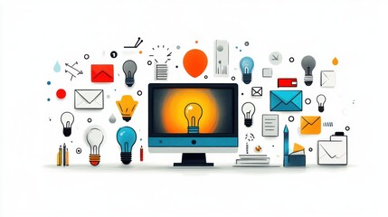Illustration of a computer monitor surrounded by various icons including light bulbs, envelopes, pencils, and documents symbolizing ideas and communication