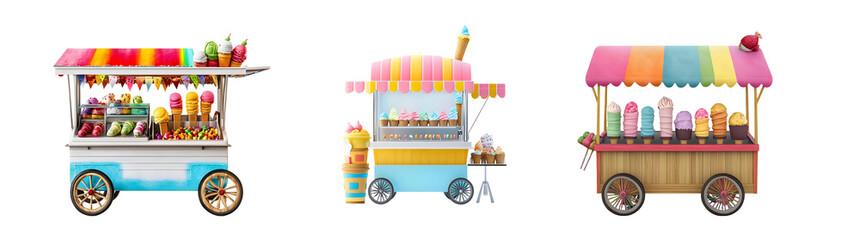 Set of colorful food carts display sweets and treats. isolated on transparent background © Syauqiya