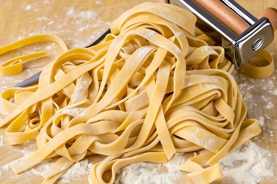 Antique tools are used to handmake artisan pasta on a floured surface.