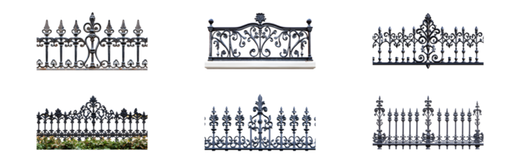 Set of Miniature decorative fences in various styles. isolated on transparent background