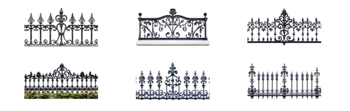 Set of Miniature decorative fences in various styles. isolated on transparent background