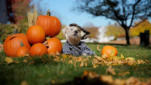 Cute small farmers dog Jack Russell Terrier in the plaid shirt and cap is lying nicely near the pumpkins at bright autumn day