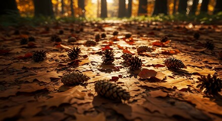 Golden Autumn Path Pinecones and Fallen Leaves in Sunlight