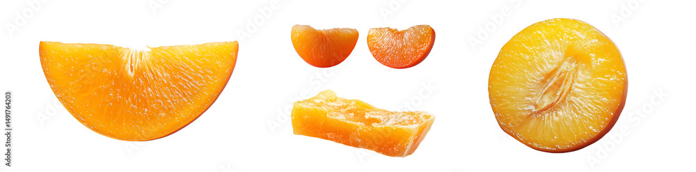 Poster set of colorful citrus fruit segments and slices displayed isolated on transparent background