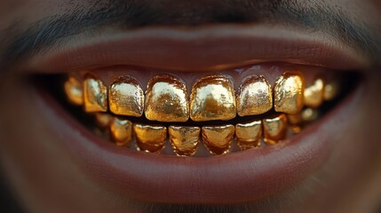 Close-up of a smiling mouth with shiny gold teeth grills reflecting light and smooth skin surrounding the lips