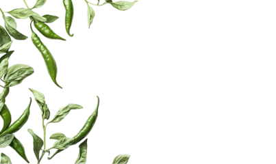Fresh green peppers and leaves on a transparent background.