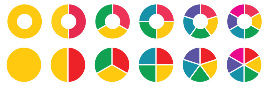 Pie chart set. Colorful diagram collection with sections or steps, segment of circle element icons collection for 1 2 3 4 5 6 7 8 9 10. Vector illustration.