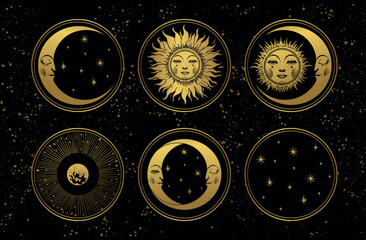 Set of mystical golden celestial symbols, sun with face, moon and stars on black background banner, astrology icons collection. Vector illustration.