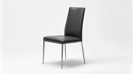 Fototapeta premium Minimalist black leather dining chair with chrome legs, three-quarter angled view, clean white background, professional studio lighting
