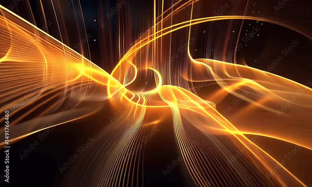 Poster a background of golden light trails on black, with long lines of lights moving rapidly in the center