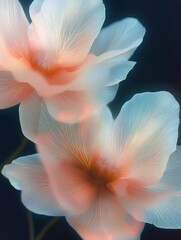 Two delicate translucent flowers with soft white petals and subtle peach highlights glowing against a dark blurred background