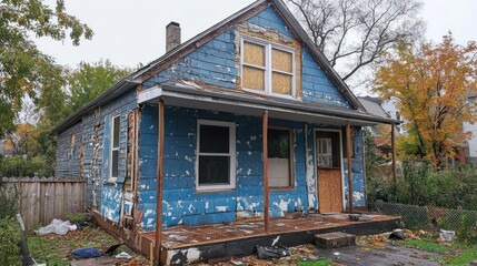 Derelict blue house, urban decay, autumn leaves, renovation needed, real estate