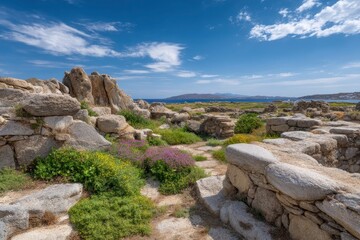 Obraz premium Exploring Ancient Ruins with Wildflowers Under Blue Sky